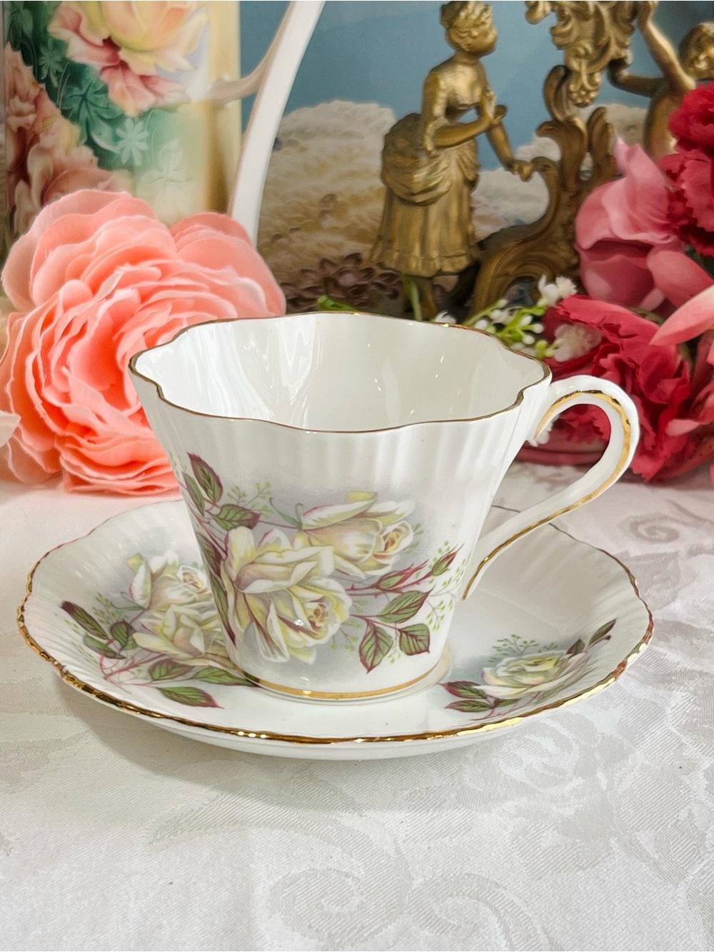 Vintage Salisbury Eggshell Bone China White Rose Teacup & Saucer